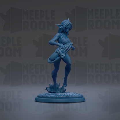 A blue figurine of a woman holding a weapon, standing on a base, against a dark background with repeated text.