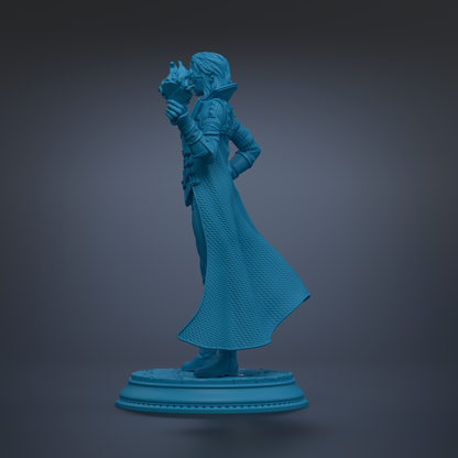 A blue statue of a person standing on a pedestal.