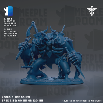 The image is a 3D rendering of a blue, monstrous creature with horns and claws, holding various weapons such as swords and spears. The creature appears to be a monster or a dragon-like figure, and it is sitting on a base. The image is described as a "necro slime golem" and is shown in a base size of 60 mm or 120 mm.