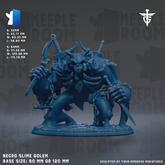 The image is a 3D rendering of a blue, monstrous creature with horns and claws, holding various weapons such as swords and spears. The creature appears to be a monster or a dragon-like figure, and it is sitting on a base. The image is described as a "necro slime golem" and is shown in a base size of 60 mm or 120 mm.