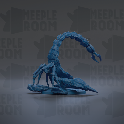 A blue, 3D-rendered scorpion figurine is shown against a dark background with repeated text.