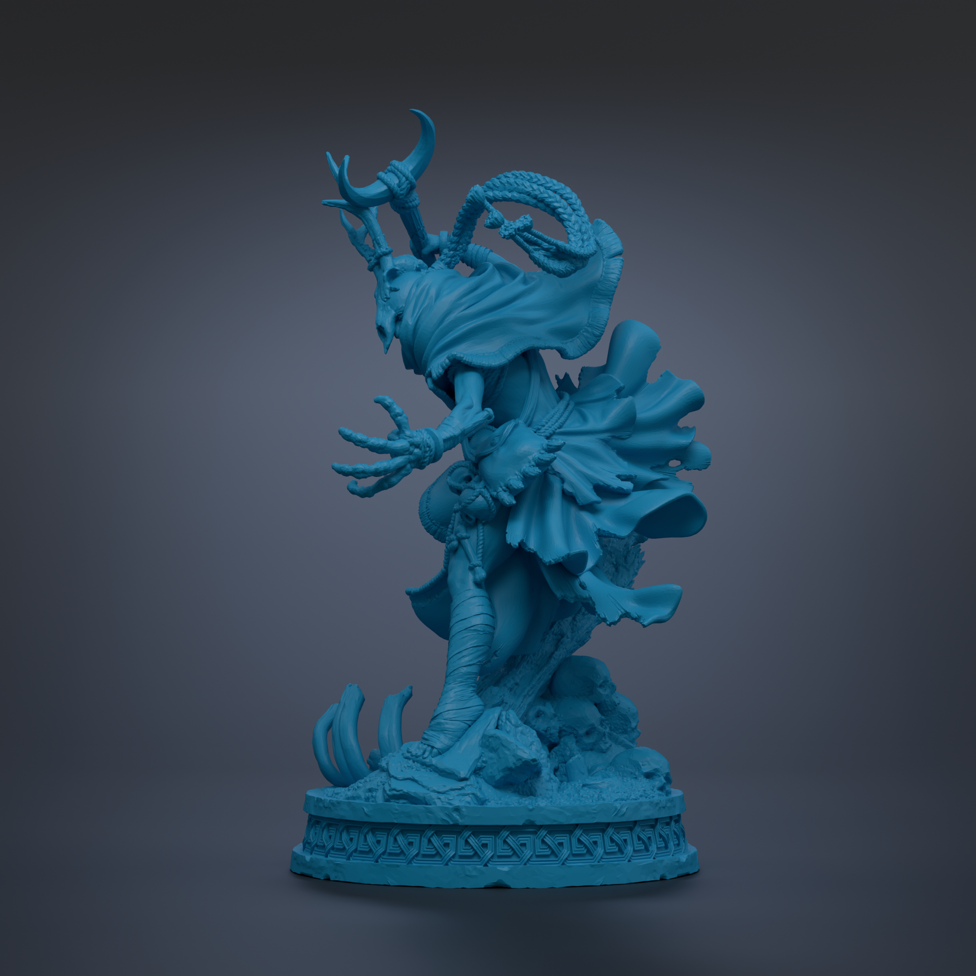 A blue, 3D-rendered statue of a fantastical creature with horns, wings, and a flowing robe, standing on a base with a geometric pattern.