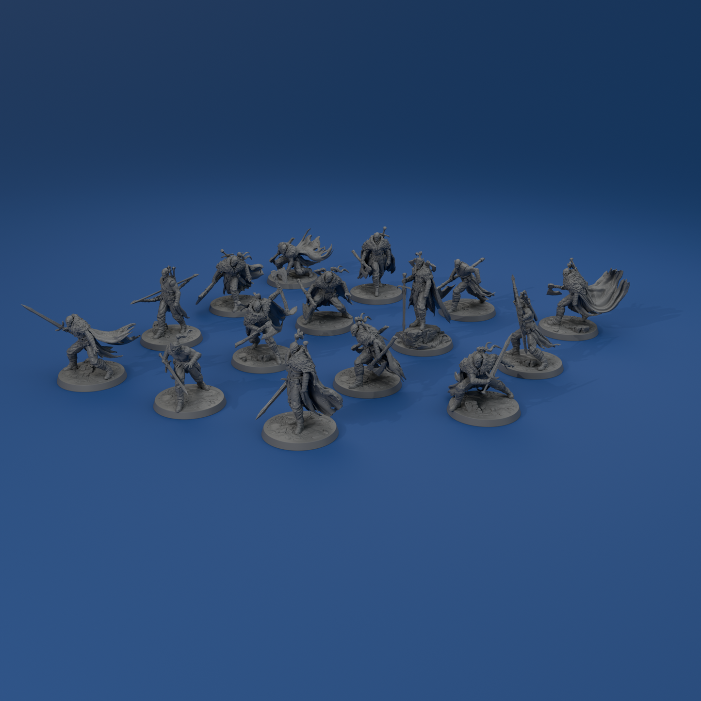 A group of gray figurines or action figures arranged on a blue background.