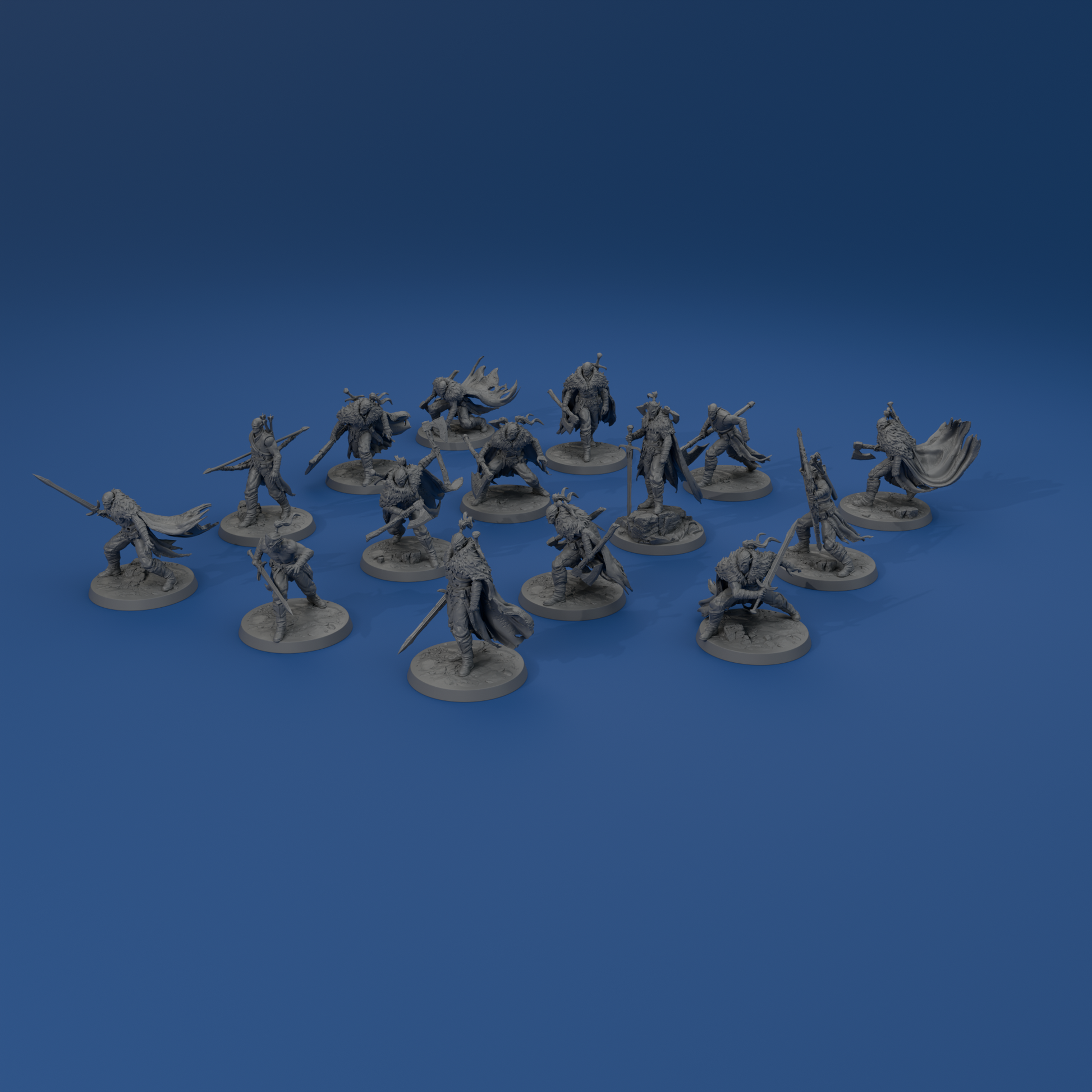 A group of gray figurines or action figures arranged on a blue background.