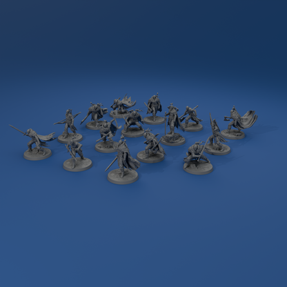A group of gray figurines or action figures arranged on a blue background.