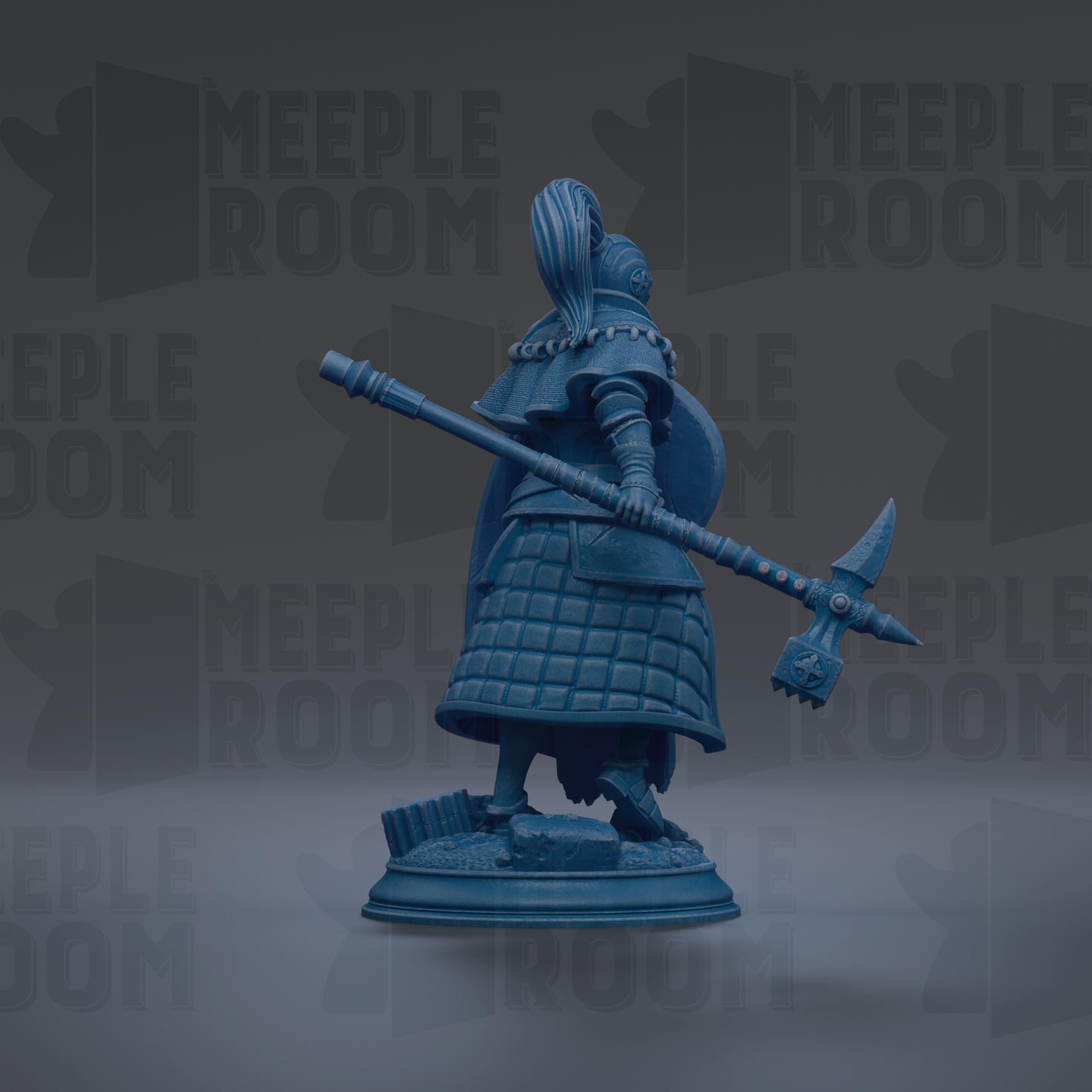 A blue statue of a warrior figure holding a spear and shield, standing on a pedestal against a dark background with repeated text.