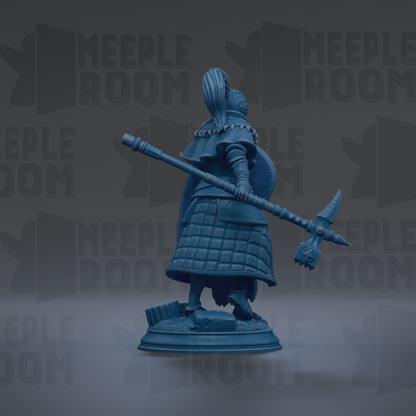 A blue statue of a warrior figure holding a spear and shield, standing on a pedestal against a dark background with repeated text.