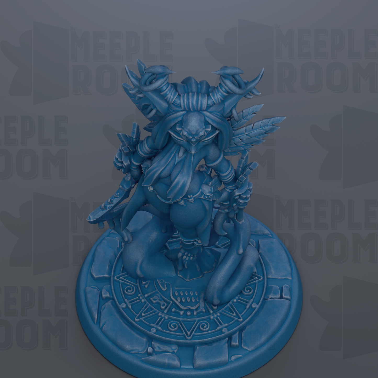 A blue figurine of a fantastical creature with horns and a long beard, sitting on a circular base with a geometric pattern.