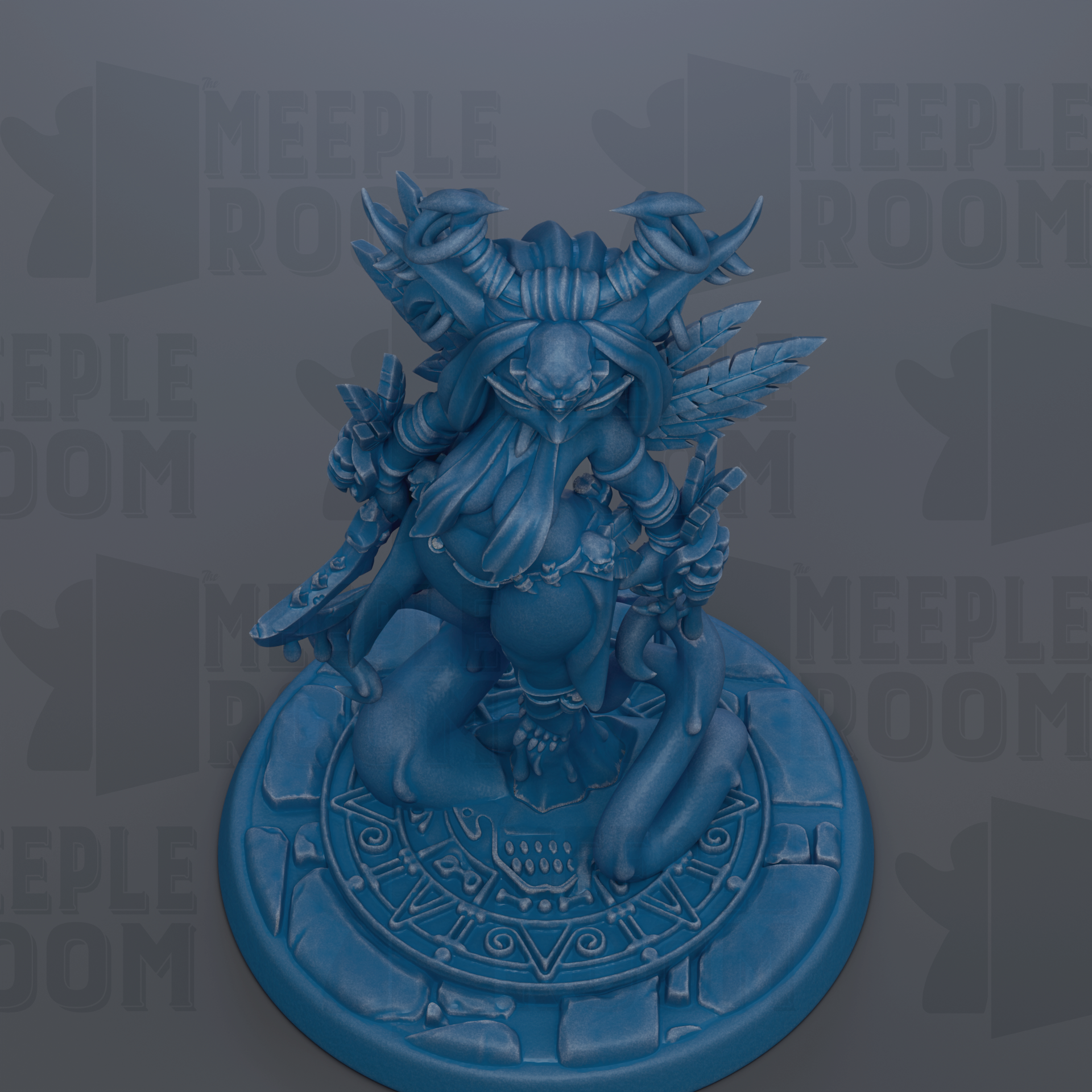A blue figurine of a fantastical creature with horns and a long beard, sitting on a circular base with a geometric pattern.