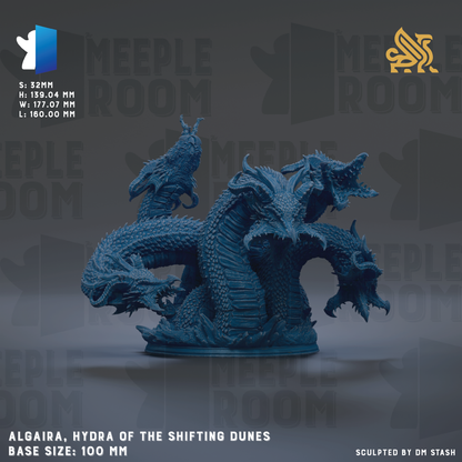 a blue, three-headed dragon-like creature with sharp teeth, sitting on a base. The dragon is described as the "Hydra of the Shifting Dunes" and is shown in a base size of 100 millimeters. The image is a sculpture and is not a photograph.