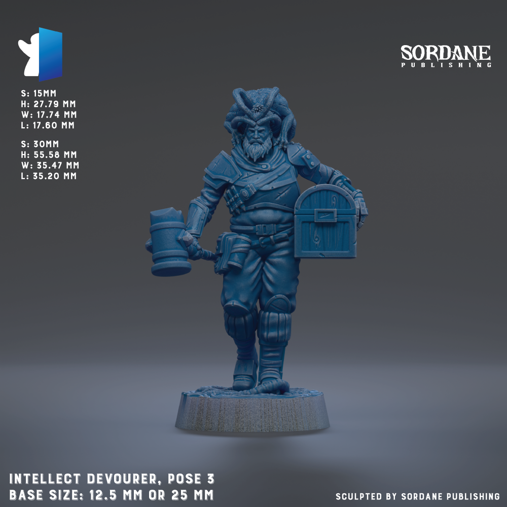 a blue figurine of a person, likely a character from a video game or animated series, posed in a dynamic stance with a chest protector and a chest box. The figurine is described as an "Intelligent Devourer" and is shown in various sizes, ranging from 5.15mm to 25mm. The base size of the figurine is either 12.5mm or 25mm. The image is published by Sordane Publishing.