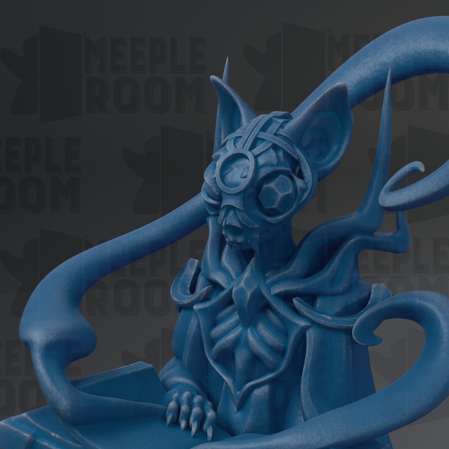 A blue, abstract sculpture with a stylized, organic shape resembling a cat or feline figure.