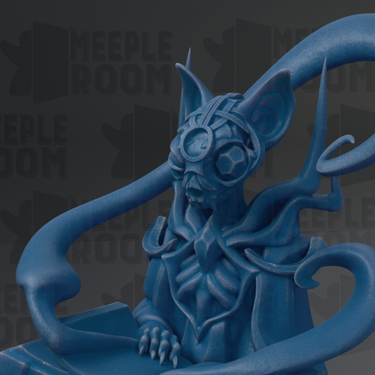 A blue, abstract sculpture with a stylized, organic shape resembling a cat or feline figure.