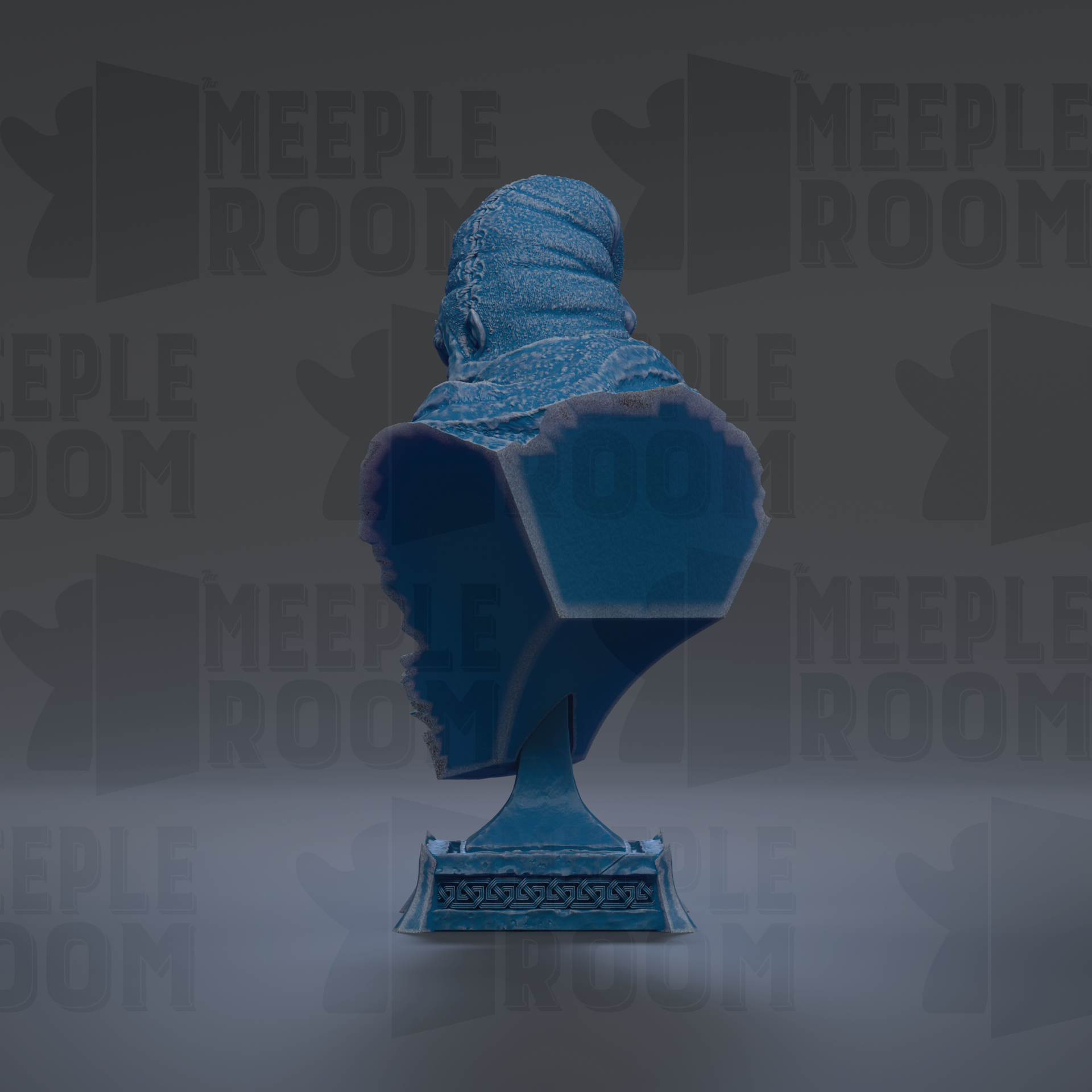 A blue bust sculpture is displayed against a dark background with repeated text.