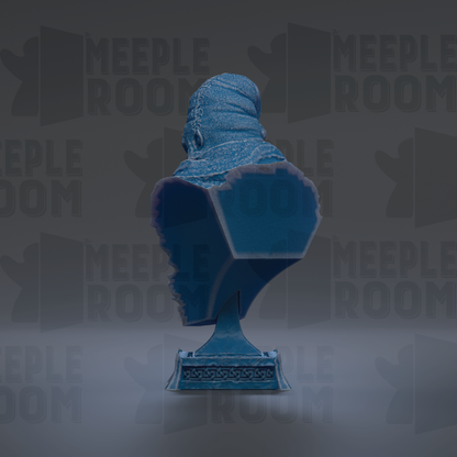 A blue bust sculpture is displayed against a dark background with repeated text.