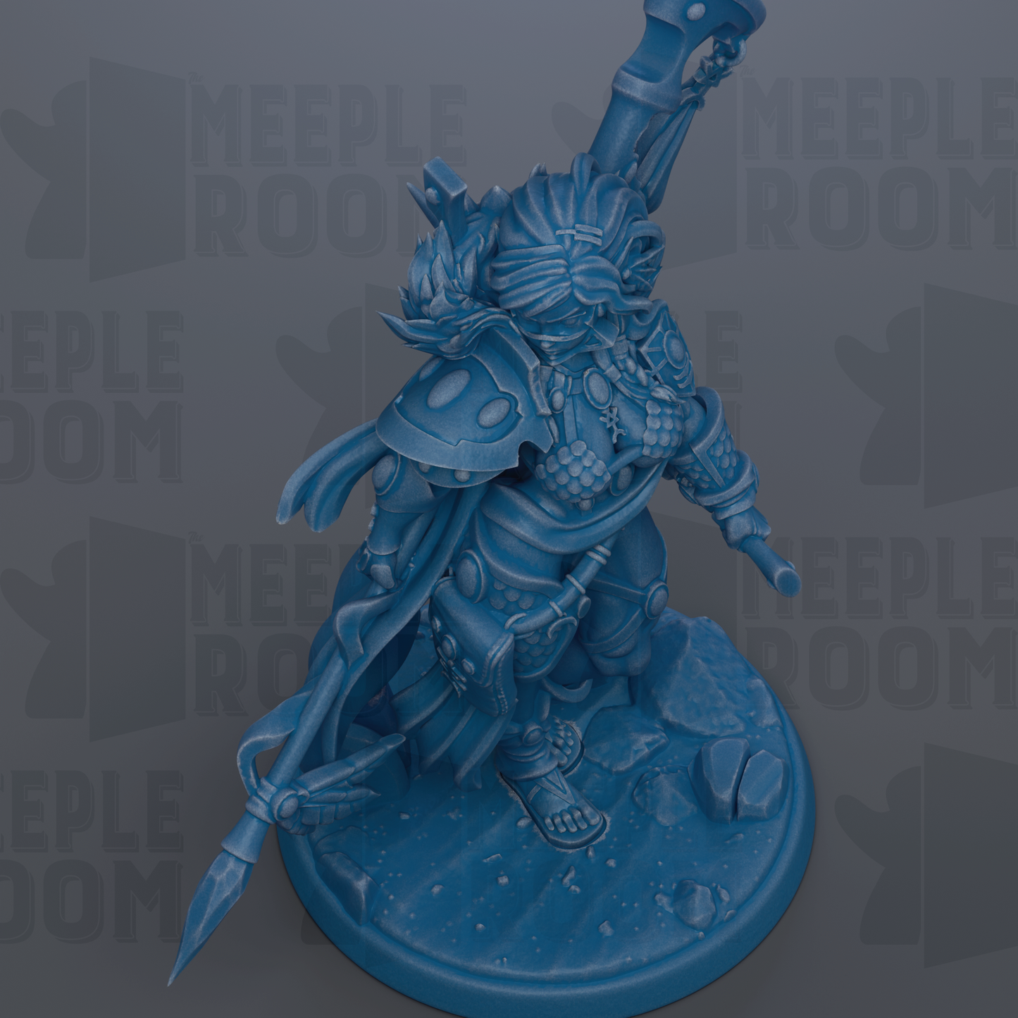 A blue, 3D-rendered fantasy character with a large weapon and intricate armor, standing on a base.