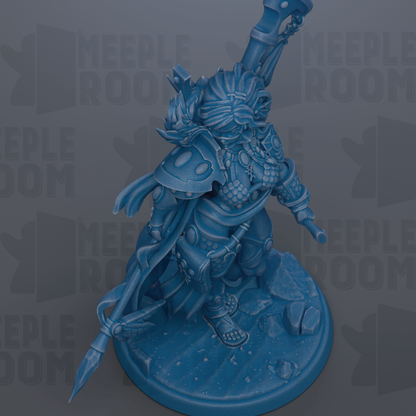 A blue, 3D-rendered fantasy character with a large weapon and intricate armor, standing on a base.