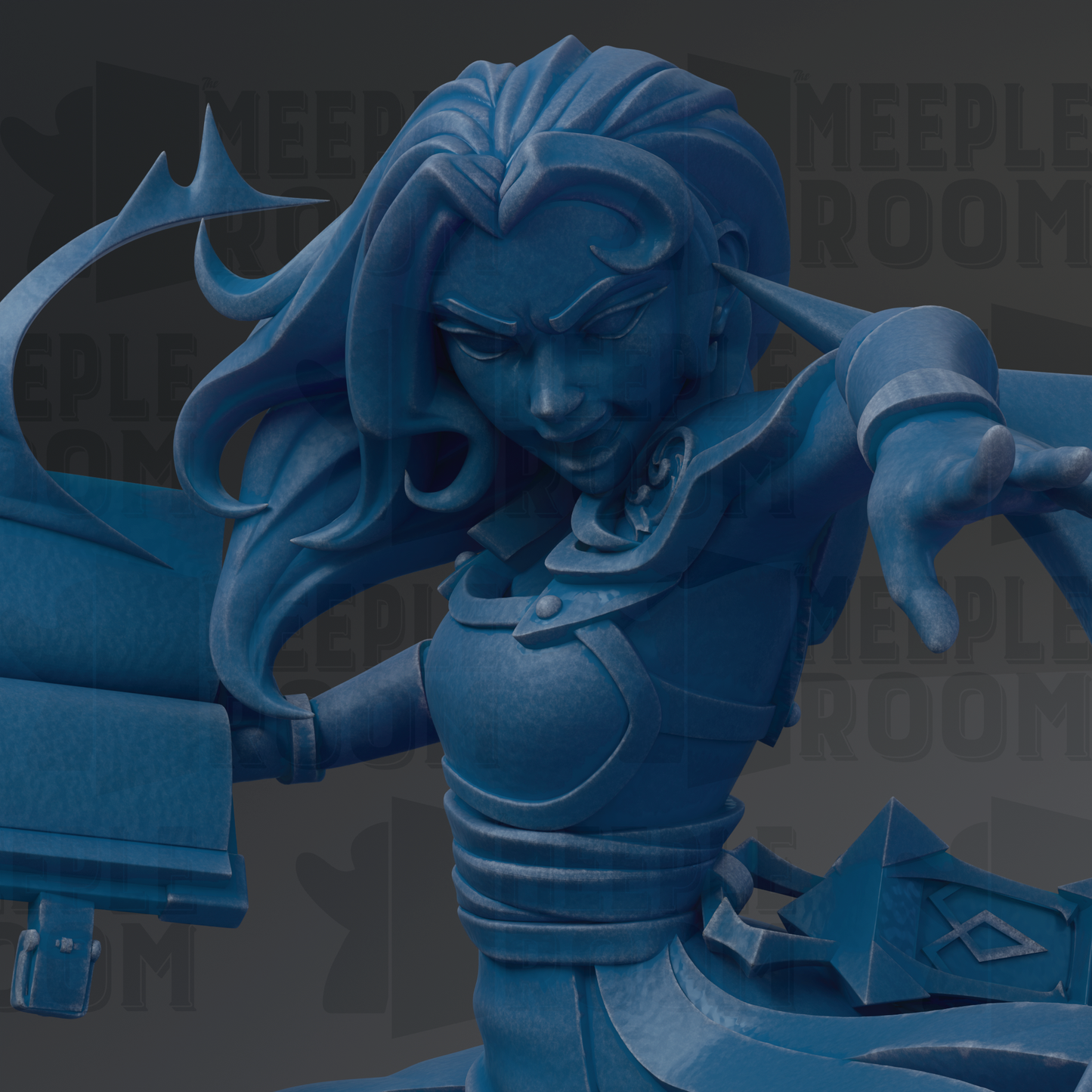 A close-up view of a blue, sculpted figure with flowing hair and a determined expression, holding a weapon and standing in a dramatic pose.