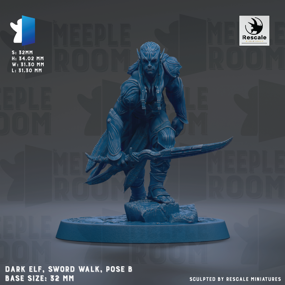 The image is a 3D model of a dark elf wielding a sword, standing on a base and posing for the camera.
