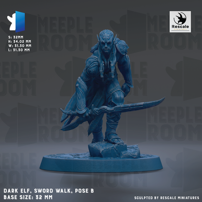 The image is a 3D model of a dark elf wielding a sword, standing on a base and posing for the camera.