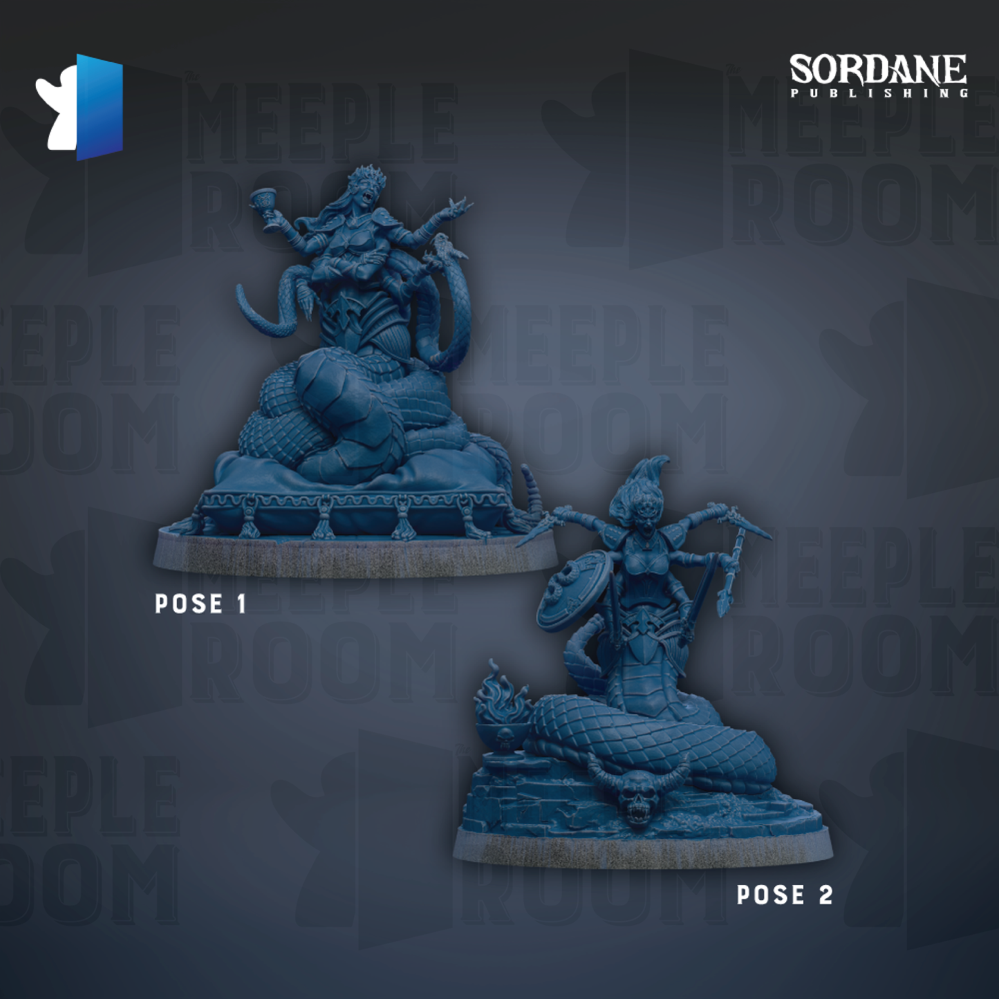 two blue figurines of mythical creatures, including a snake-like creature and a human-like figure, set against a dark background with repeated text.