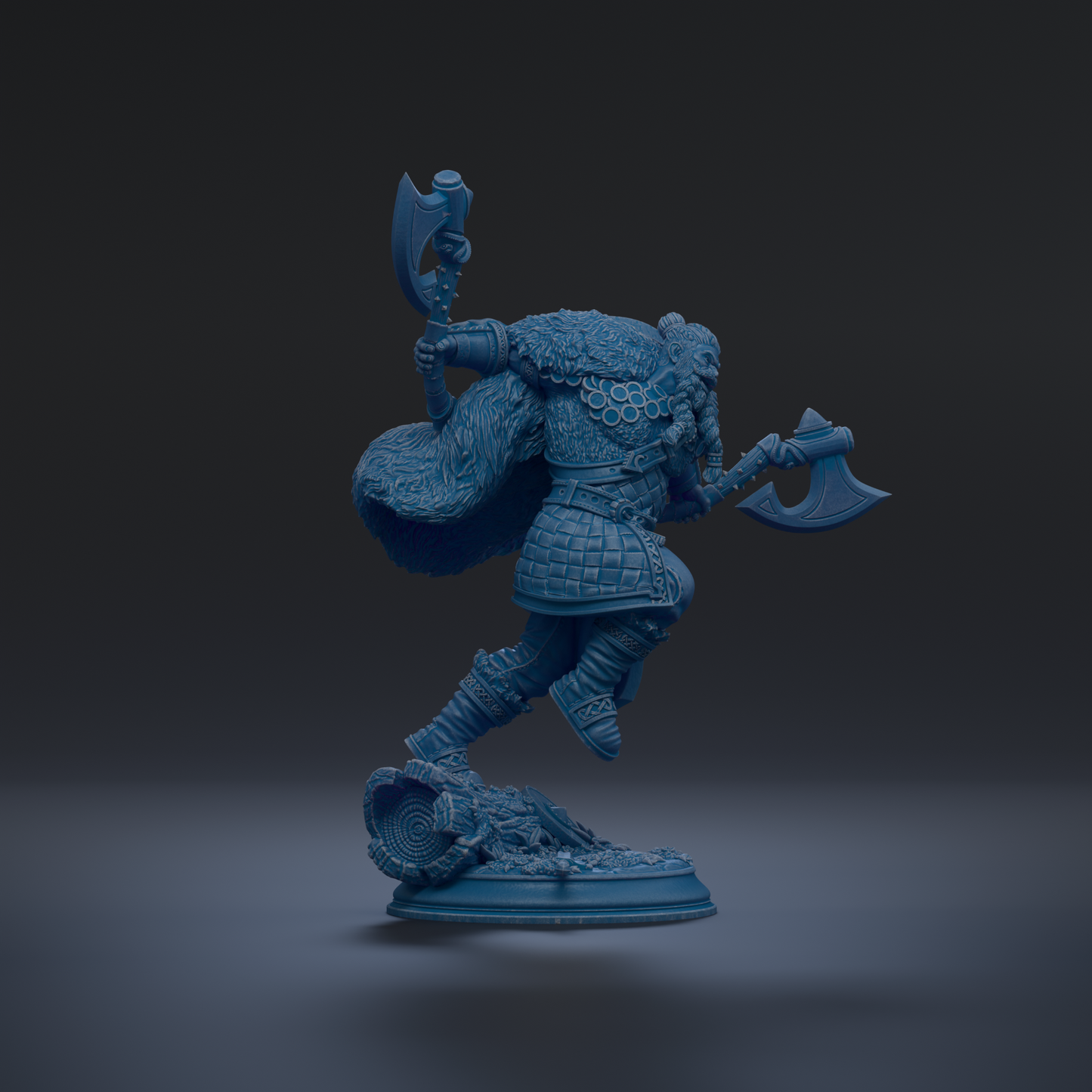 A blue figurine of a warrior figure holding two axes and standing on a base.