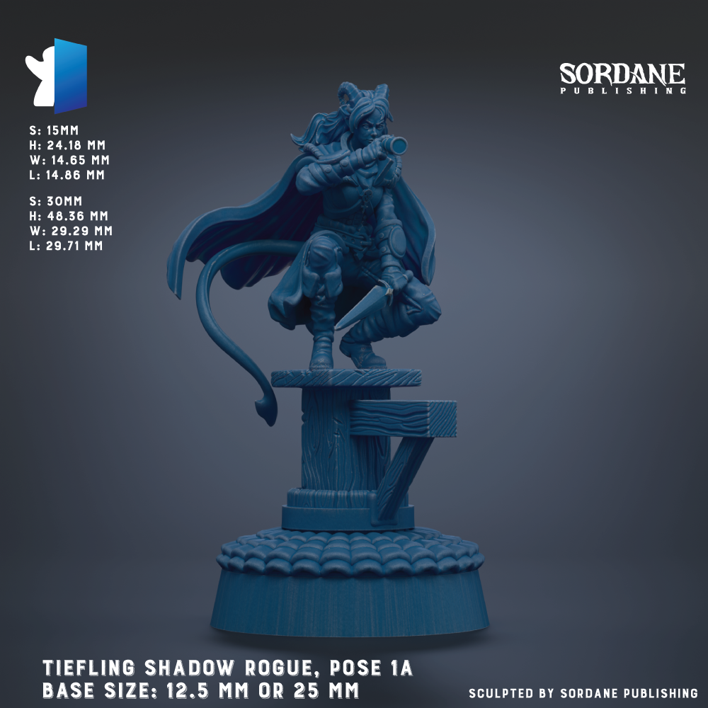 The image is a 3D rendering of a character in a pose, likely a Rogue, with a tiefling shadow effect. The character is standing on a platform and appears to be in a fighting stance. The image is described as a "Tiefling Shadow Rogue, Pose 1A" and is shown in a base size of 12.5 mm or 25 mm. The image is published by Sordane Publishing.