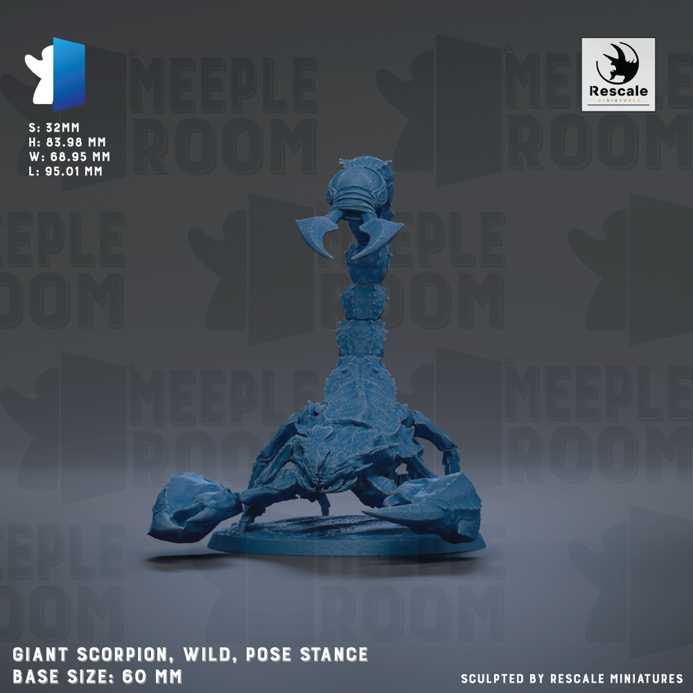 a large blue figurine of a scorpion, with the text "Giant scorpion, wild, pose stance" and "Base size: 60mm" visible.