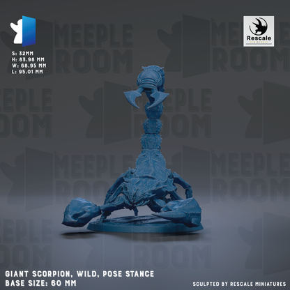 a large blue figurine of a scorpion, with the text "Giant scorpion, wild, pose stance" and "Base size: 60mm" visible.