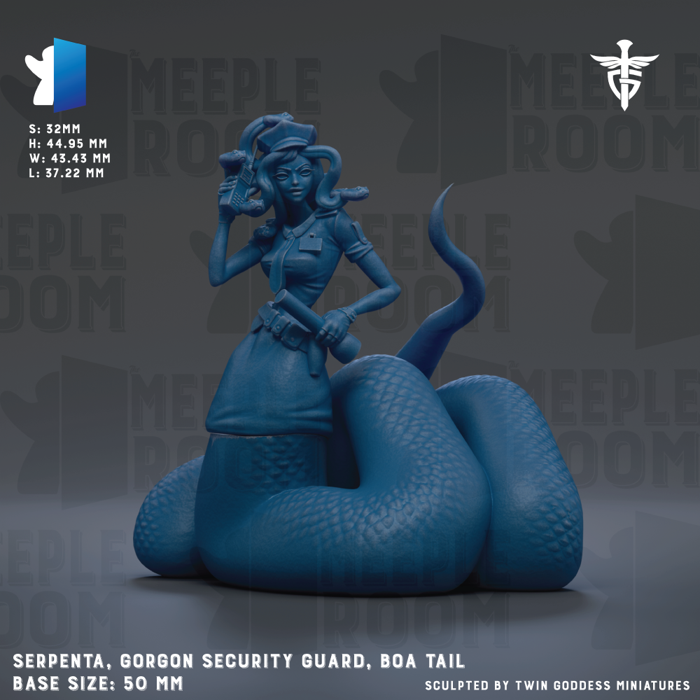 a blue statue of a security guard with a boa tail, sitting on a large blue snake. The statue is made of a material that resembles metal and is designed to resemble a security guard. The statue is shown in a 3D rendering, and the base size is 50mm.