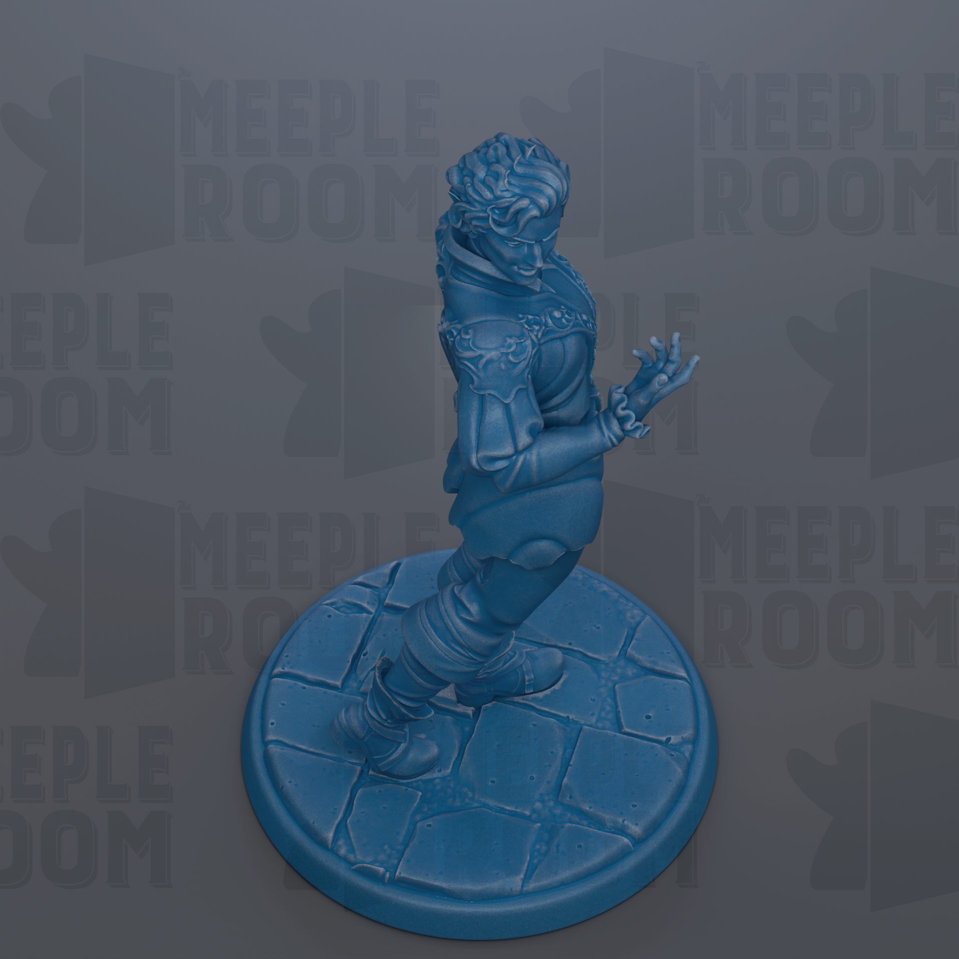 A blue figurine of a person standing on a blue platform against a gray background.