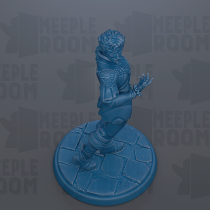 A blue figurine of a person standing on a blue platform against a gray background.