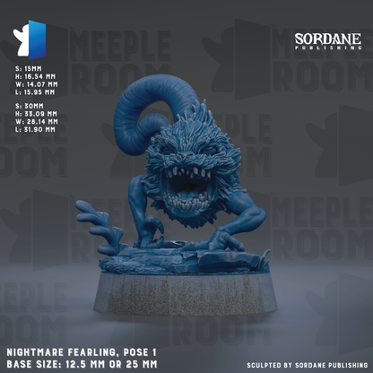 The image is a 3D rendering of a blue monster-like creature with a large, menacing expression, sitting on a rock formation. The creature appears to be a fantastical or mythical creature, possibly a dragon or serpent. The image is described as a " Nightmare Fearing, Pose 1" and is published by Sordane Publishing. The base size of the statue is either 12.5 mm or 25 mm.