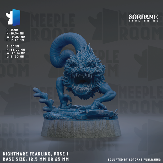 The image is a 3D rendering of a blue monster-like creature with a large, menacing expression, sitting on a rock formation. The creature appears to be a fantastical or mythical creature, possibly a dragon or serpent. The image is described as a " Nightmare Fearing, Pose 1" and is published by Sordane Publishing. The base size of the statue is either 12.5 mm or 25 mm.