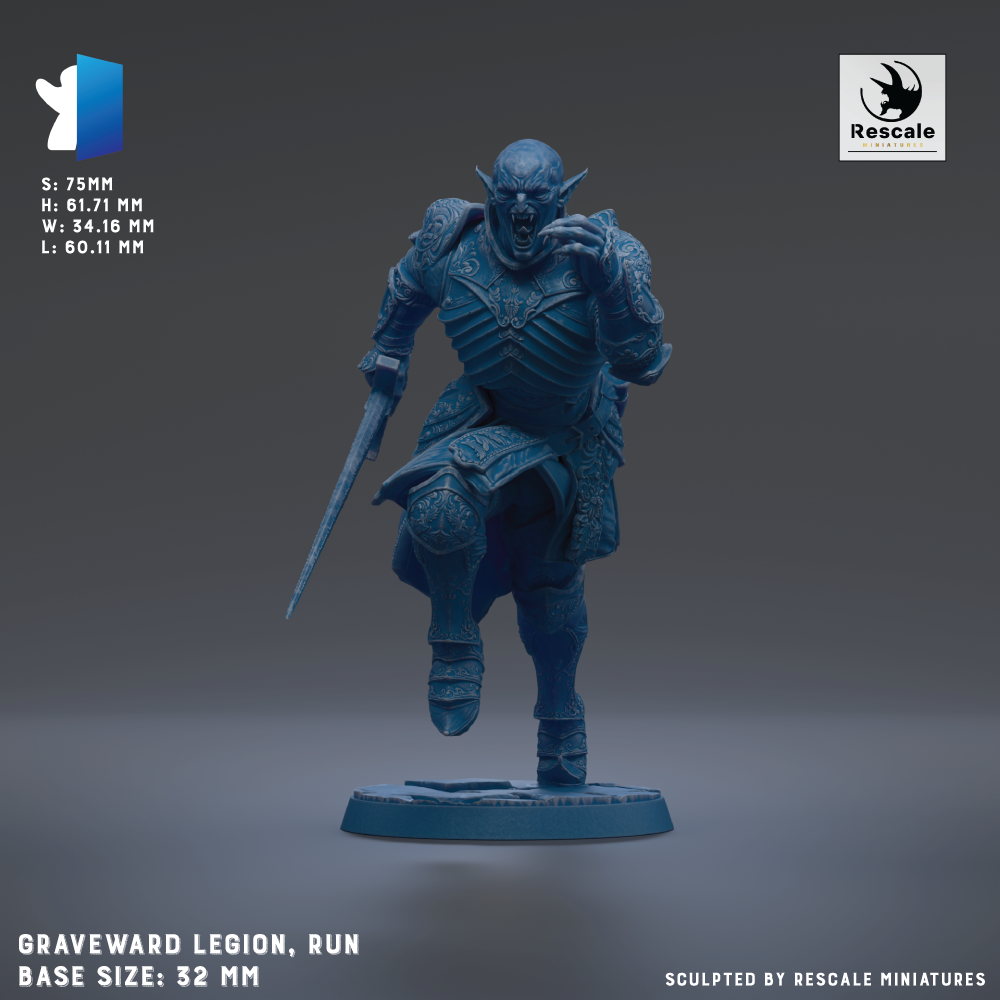 a figurine of a warrior figure, specifically a graveyard guardian, in a dynamic pose with a sword in hand. The figurine is shown in a 3:2:1 scale, with the base size being 22mm. The figurine is sculpted by Rescue miniatures, as indicated by the text at the bottom of the image.