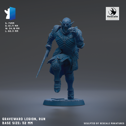 a figurine of a warrior figure, specifically a graveyard guardian, in a dynamic pose with a sword in hand. The figurine is shown in a 3:2:1 scale, with the base size being 22mm. The figurine is sculpted by Rescue miniatures, as indicated by the text at the bottom of the image.