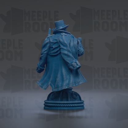 A blue statue of a person wearing a top hat and coat, standing on a pedestal.