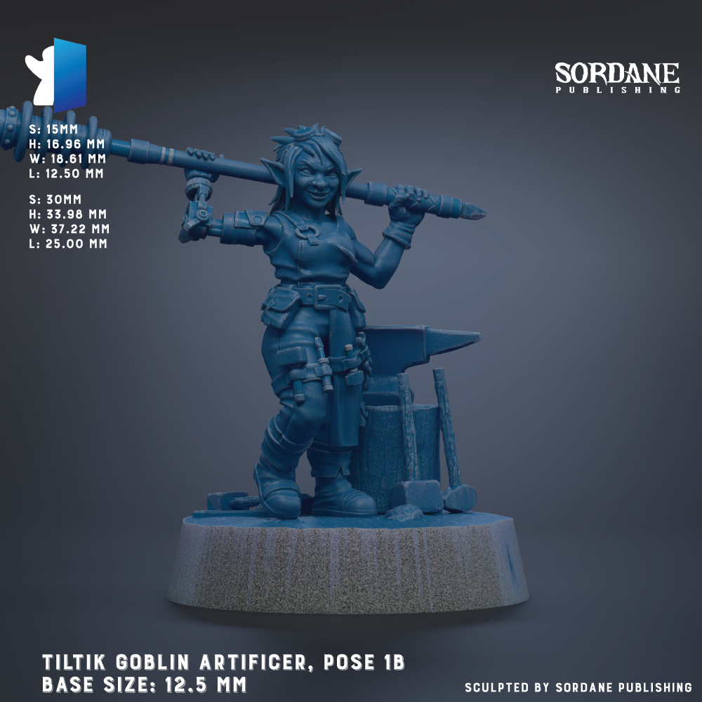 The image is a 3D rendering of a female character, specifically a female elf, posed with a weapon. The character is standing on a base and appears to be in a fighting stance. The image is labeled as a "TILTIK GOBlin Artificer, Pose 1B" and is published by Sordane Publishing.