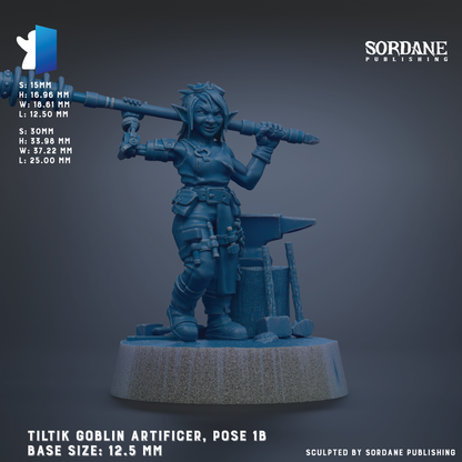 The image is a 3D rendering of a female character, specifically a female elf, posed with a weapon. The character is standing on a base and appears to be in a fighting stance. The image is labeled as a "TILTIK GOBlin Artificer, Pose 1B" and is published by Sordane Publishing.