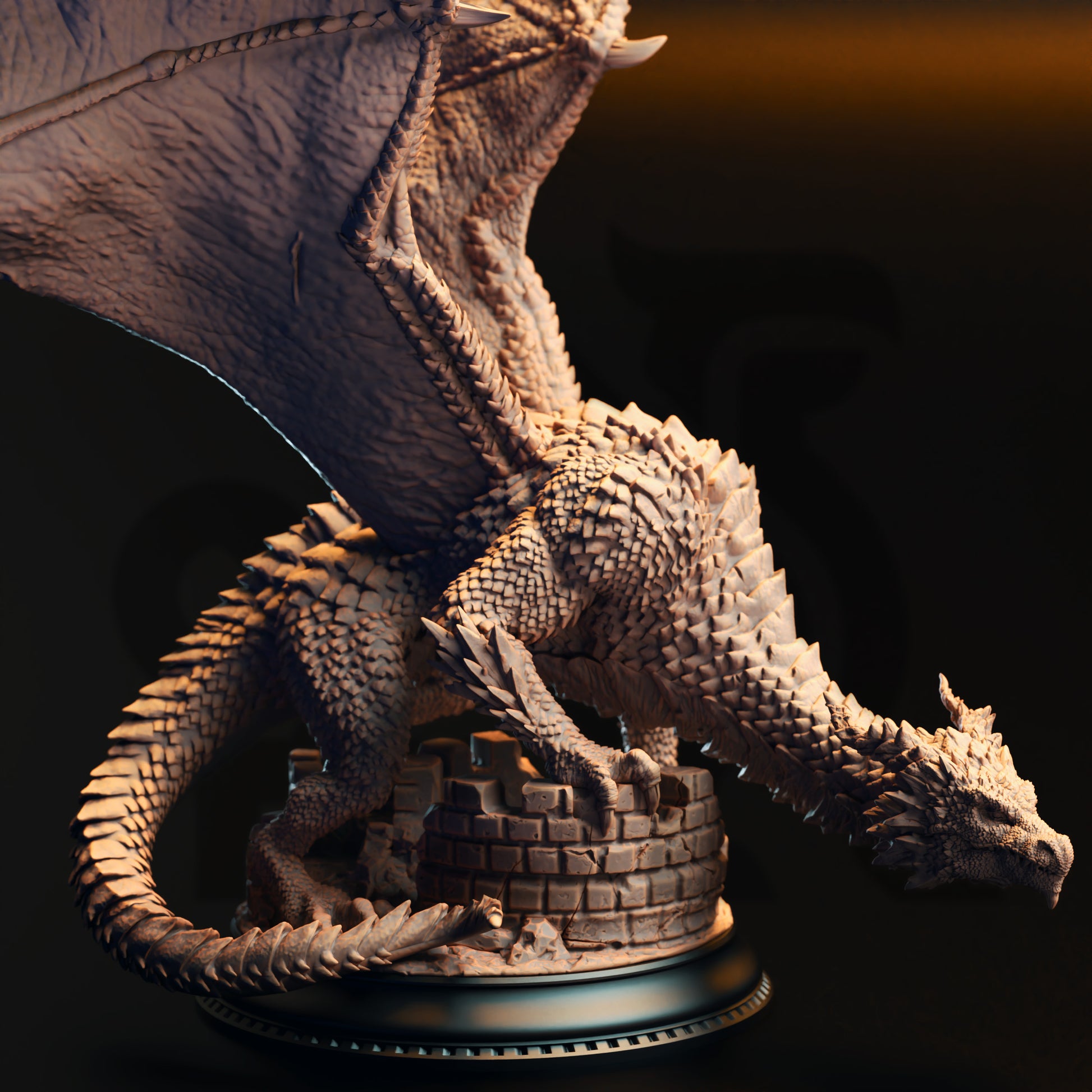 A detailed 3D model of a dragon statue, with intricate scales and wings, is displayed on a pedestal against a dark background.