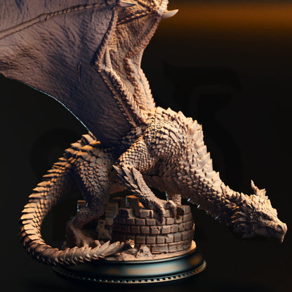 A detailed 3D model of a dragon statue, with intricate scales and wings, is displayed on a pedestal against a dark background.