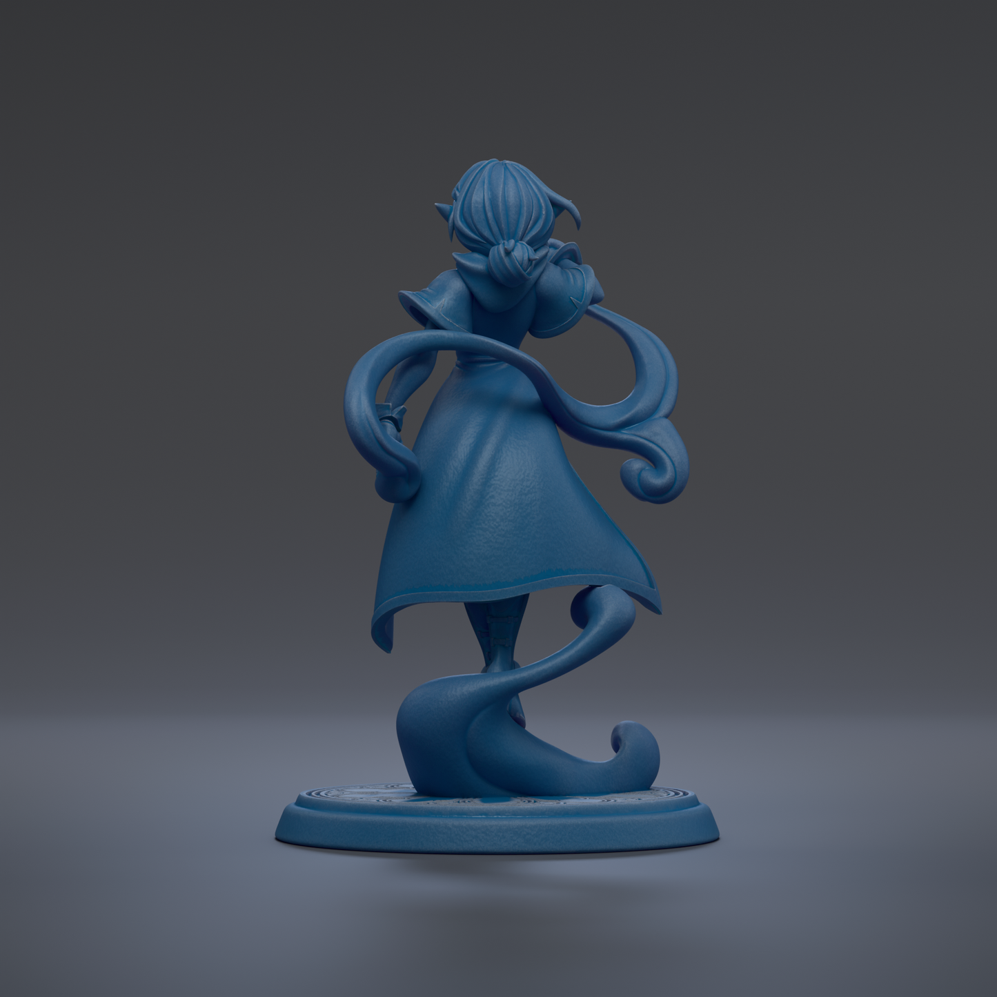 A blue, 3D-rendered statue of a woman with flowing hair and a flowing dress stands on a base against a dark background.