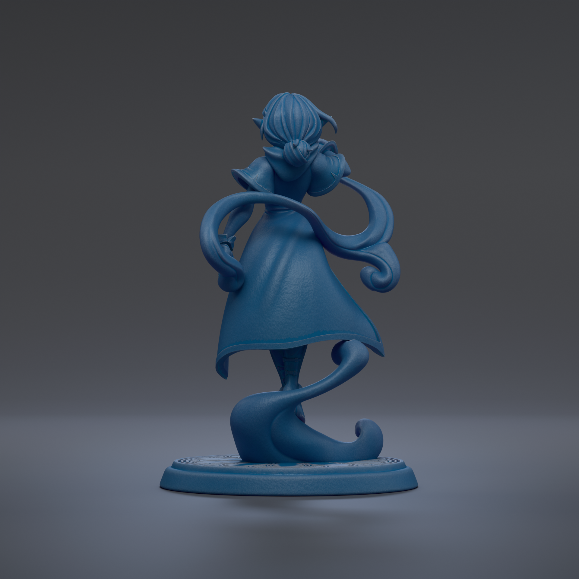 A blue, 3D-rendered statue of a woman with flowing hair and a flowing dress stands on a base against a dark background.