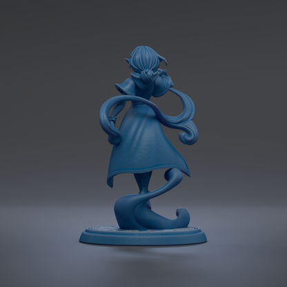A blue, 3D-rendered statue of a woman with flowing hair and a flowing dress stands on a base against a dark background.