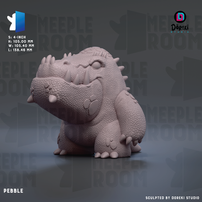 A 3D rendering of a pink, scaly, and textured toy resembling a crocodile or alligator. The toy appears to be made of a material that resembles stone or concrete. The background of the image is a dark gray color, and there are repeated texts and logos throughout the image, including the words 'MEIPLE ROOM' and 'PEBBLE'.