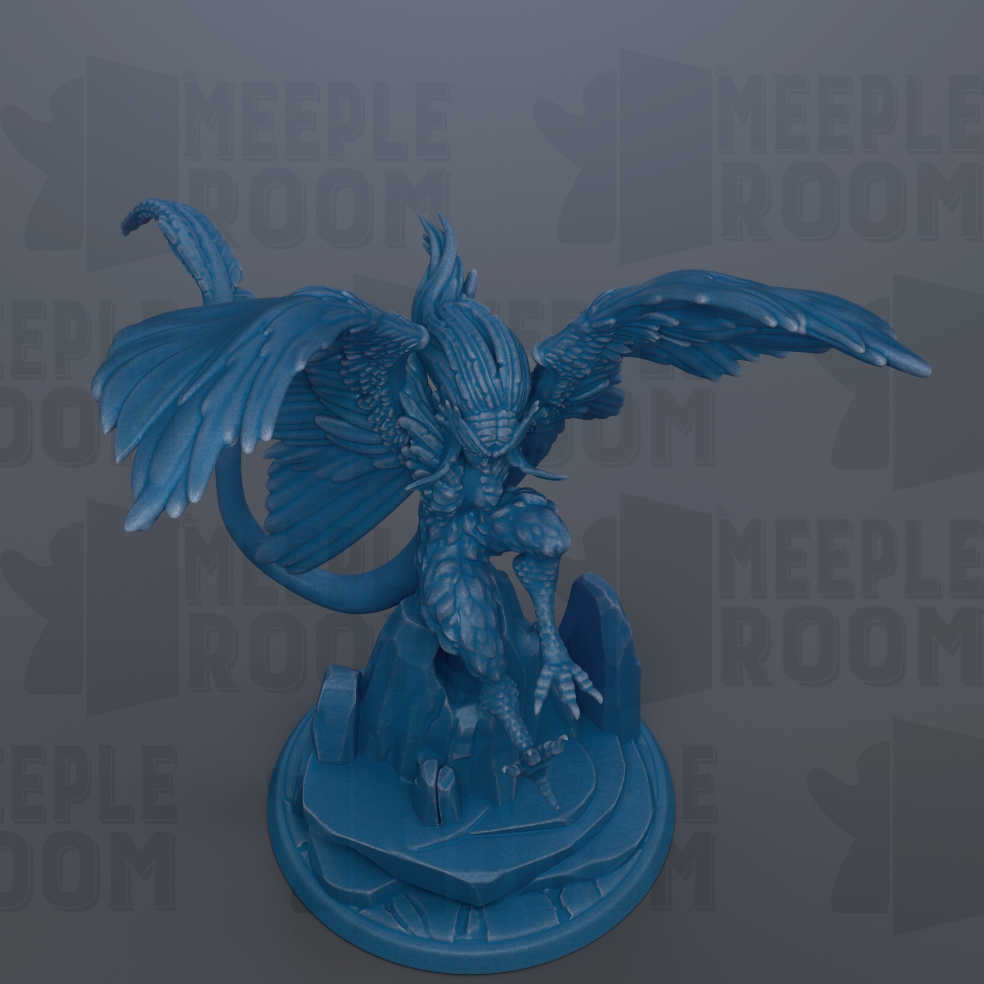 A blue, winged figurine with intricate details, sitting on a rock formation.
