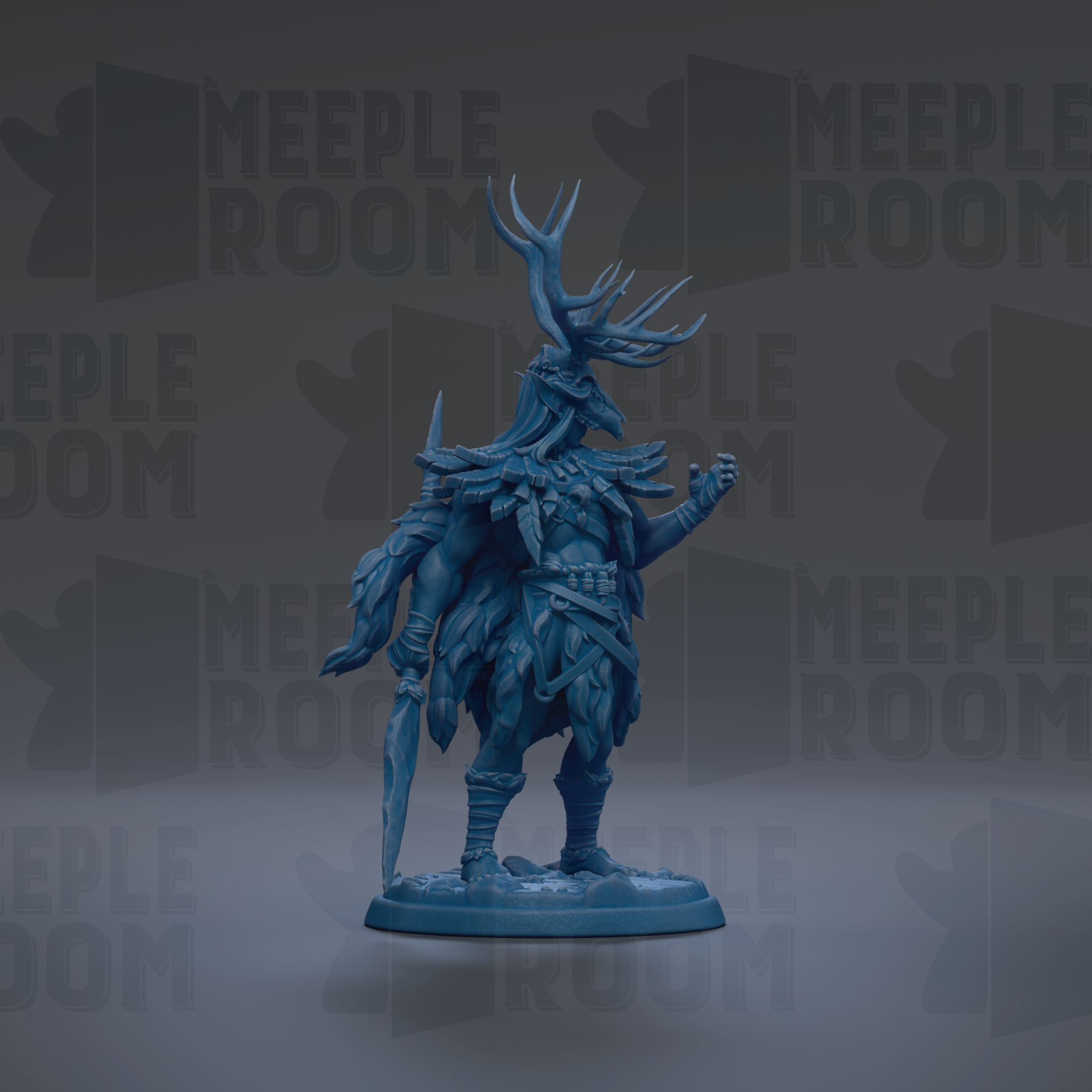 A blue figurine of a warrior standing on a base, with a large headdress and a sword in hand.