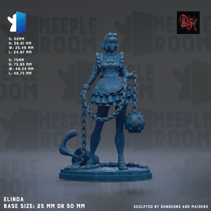 A figurine of a woman in a maid's uniform, holding a chain and a mace, standing on a base.
