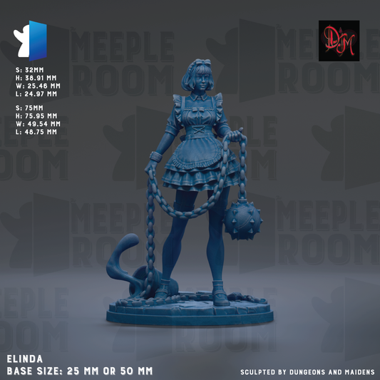 A figurine of a woman in a maid's uniform, holding a chain and a mace, standing on a base.