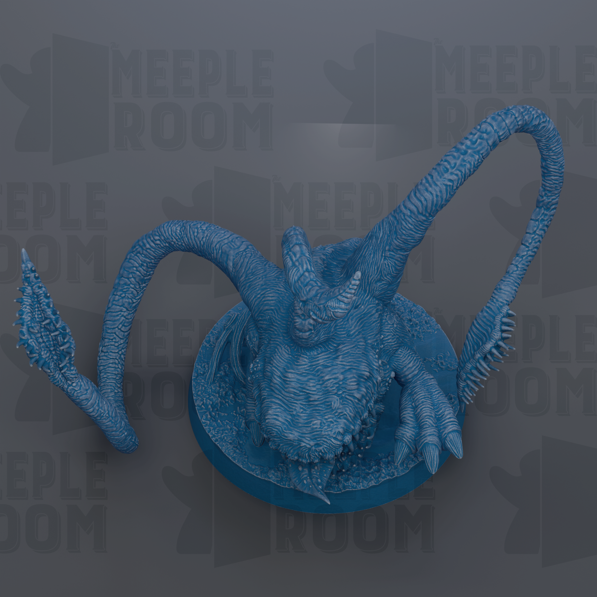 A 3D rendering of a blue, textured creature resembling a snake or lizard with a long, curved body and sharp teeth.